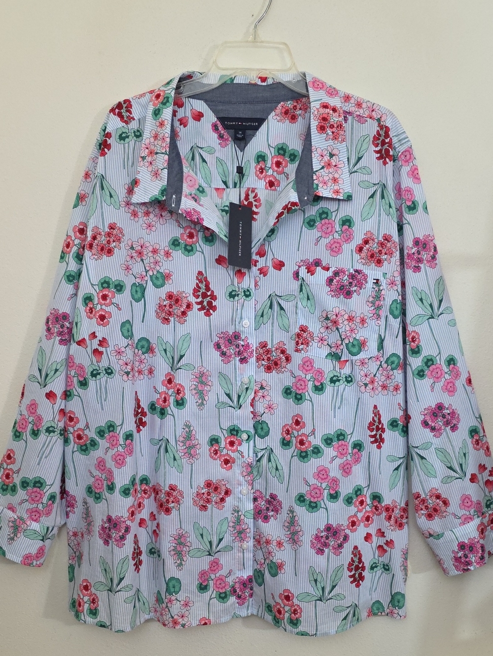 NWT Tommy Hilfiger Floral & Pinstripe Cotton Tab Sleeve Blouse 3X